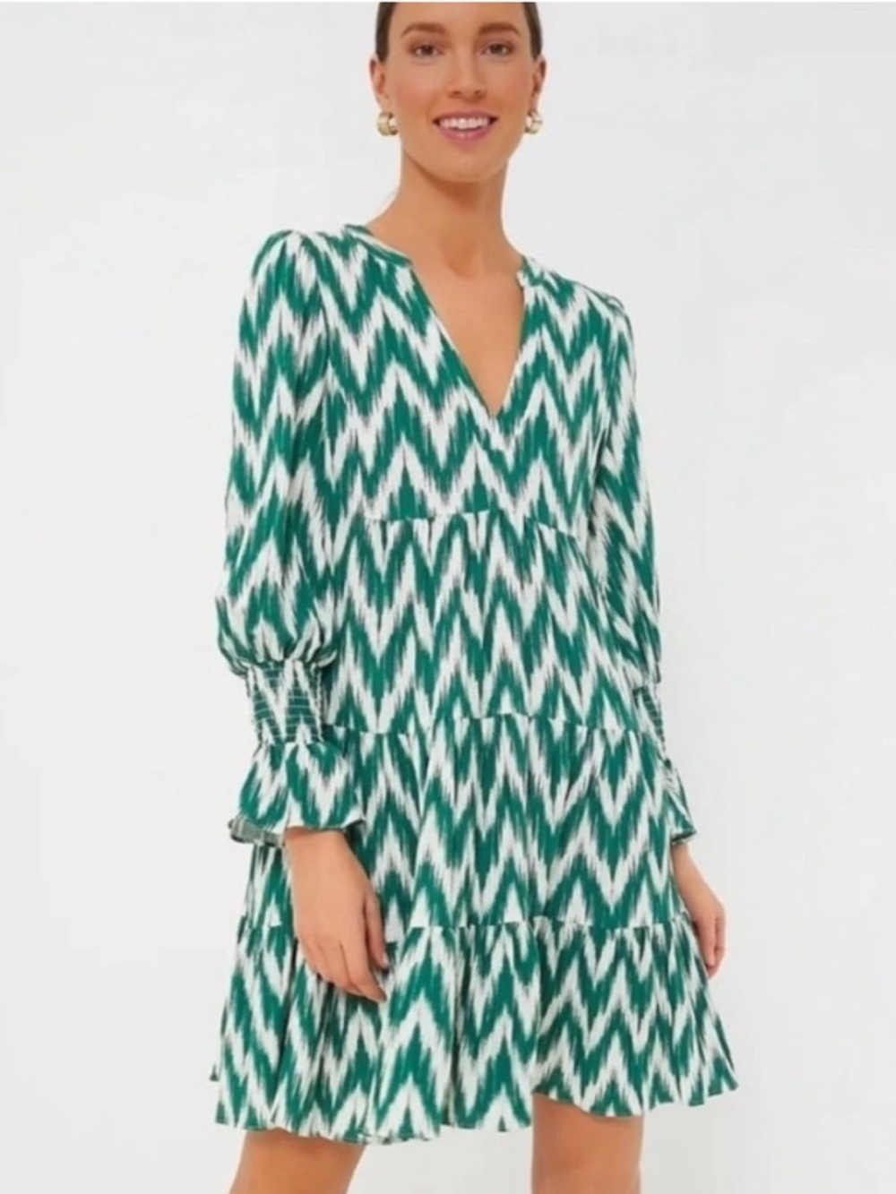 Pomander Place Kenzo Ikat Tiered Mini Dress in Green and White Tuckernuck Size M